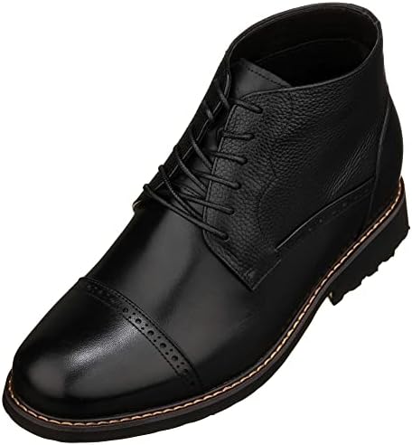 Black Leather Lace-up Cap-toe Boots with Inner Faux Fur 3.2 Inch Lift