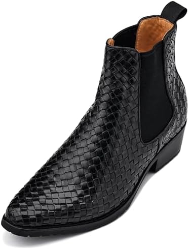 Black Premium Leather Woven Slip-on Chelsea Ankle Boots