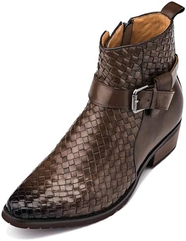 Coffee Brown Premium Leather Woven Ankle Buckle Zipper Boots