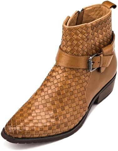 Light Brown Premium Leather Woven Ankle Buckle Zipper Boots